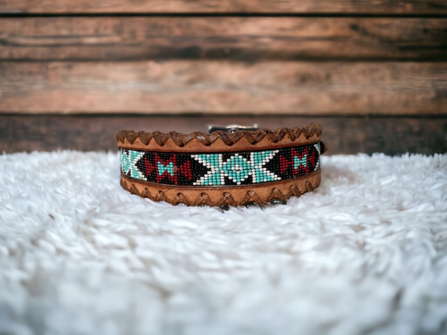 Genuine Leather Dog Collar with Beaded Inlay and Buck Stitch