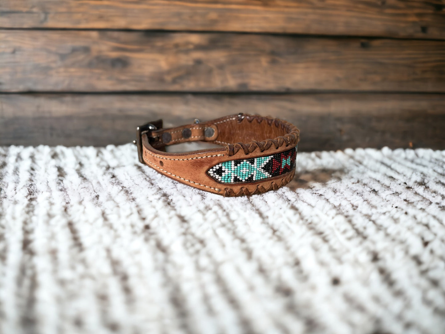 Genuine Leather Dog Collar with Beaded Inlay and Buck Stitch