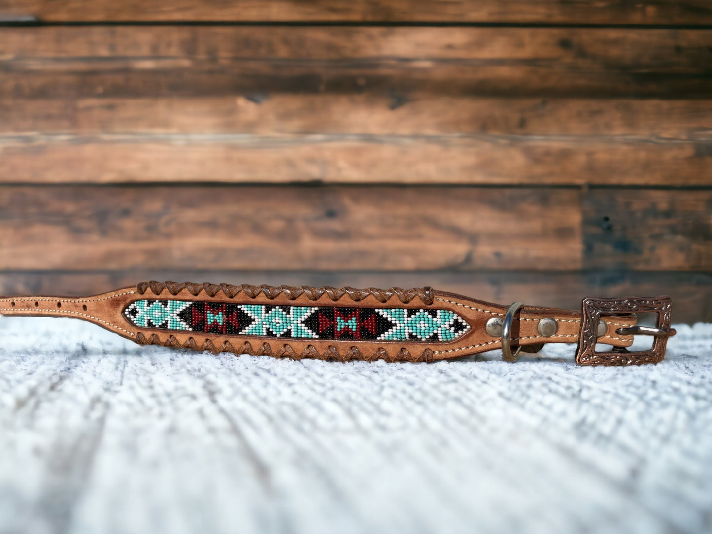 Genuine Leather Dog Collar with Beaded Inlay and Buck Stitch