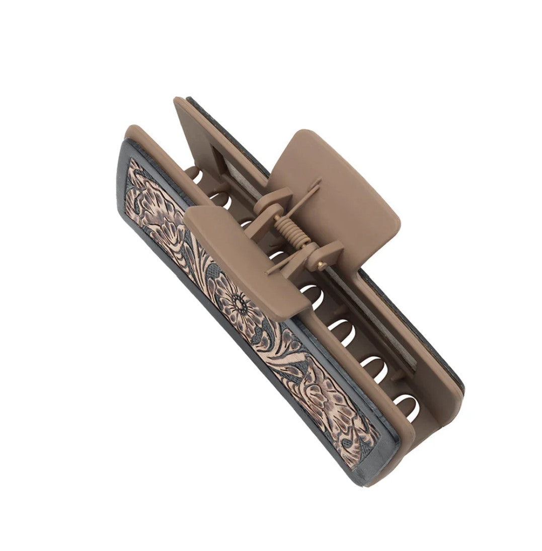 Jumbo Hair Claw Clip Genuine Tooled Leather