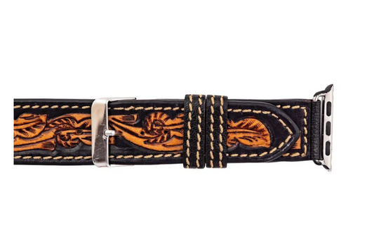 Apple Watchband - Black & Brown Tooled Genuine Leather Watchband
