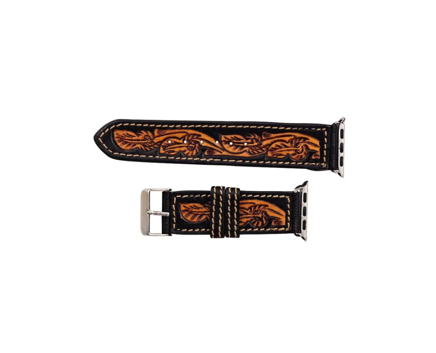 Apple Watchband - Black & Brown Tooled Genuine Leather Watchband
