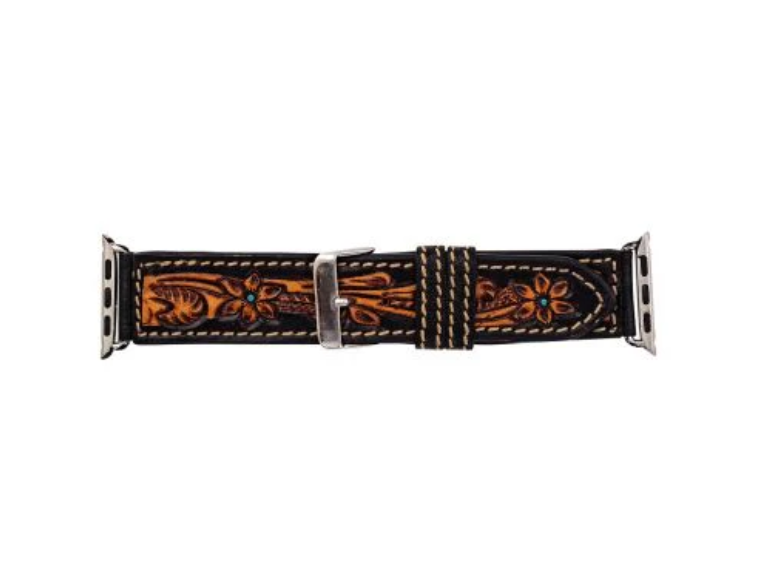 Apple Watchband - Black Brown with Turquoise Accent Tooled Genuine Leather Watchband