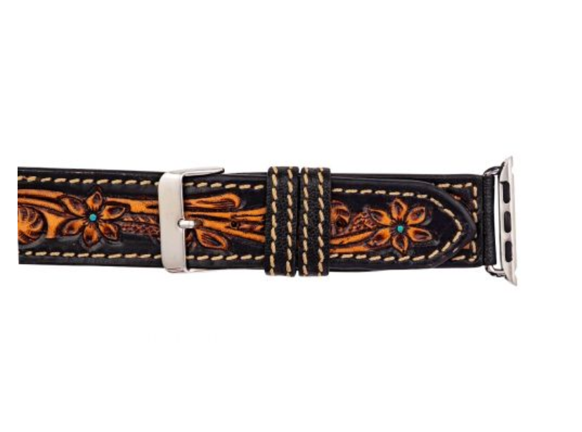 Apple Watchband - Black Brown with Turquoise Accent Tooled Genuine Leather Watchband