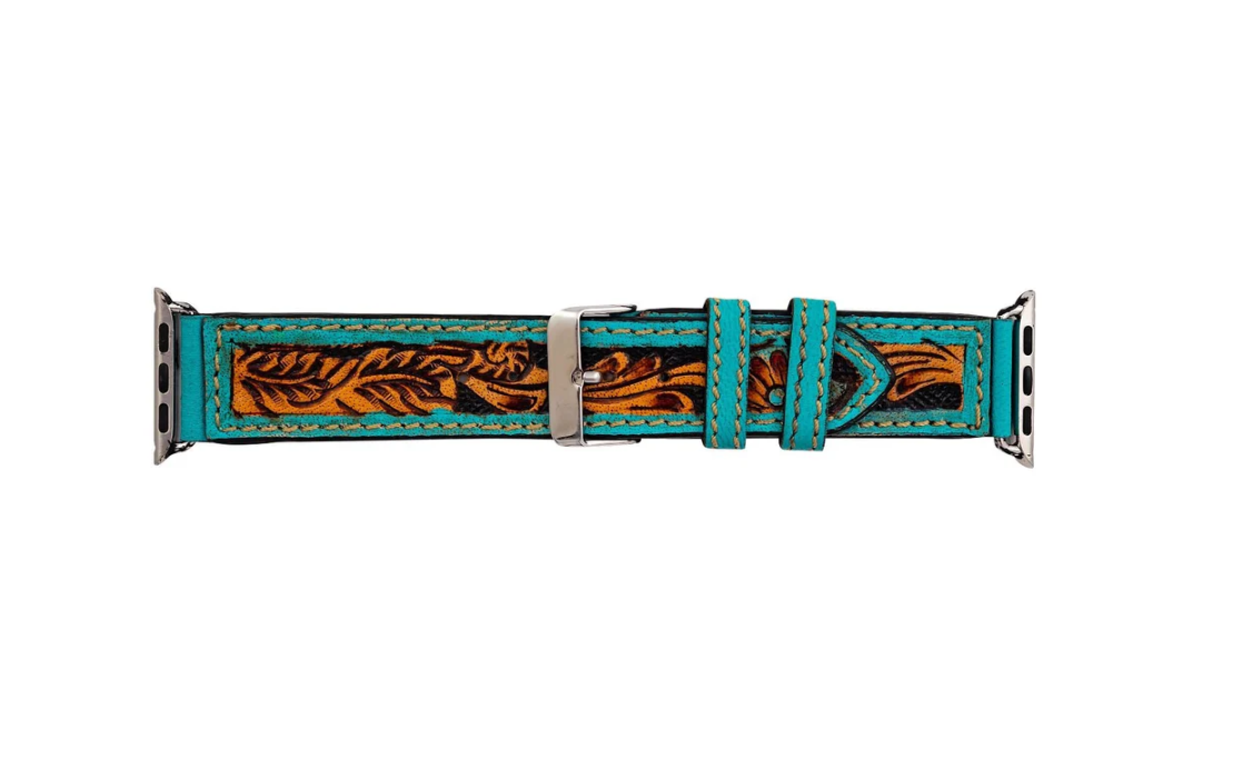 Apple Watchband - Teal and Brown Tooled Genuine Leather Watchband