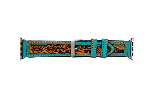 Apple Watchband - Teal and Brown Tooled Genuine Leather Watchband