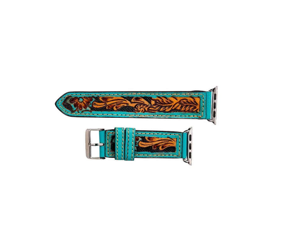 Apple Watchband - Teal and Brown Tooled Genuine Leather Watchband