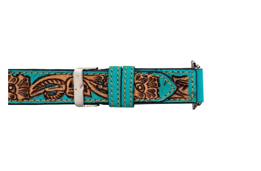 Apple Watchband - Teal and Brown Floral Tooled Genuine Leather Watchband