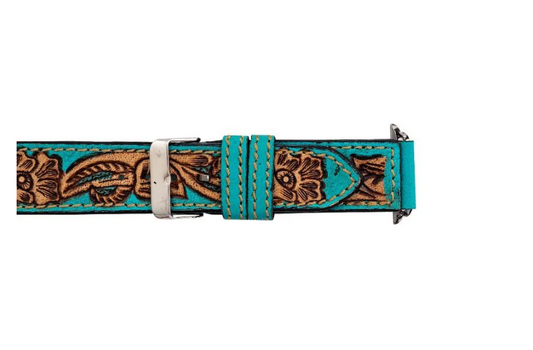 Apple Watchband - Teal and Brown Floral Tooled Genuine Leather Watchband