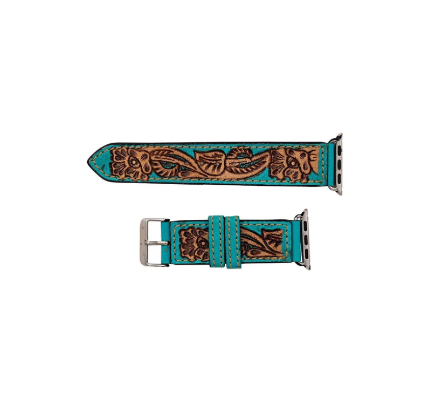 Apple Watchband - Teal and Brown Floral Tooled Genuine Leather Watchband