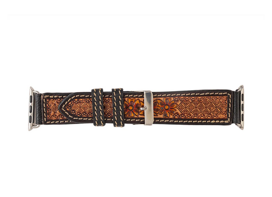 Apple Watchband - Black and Brown Floral Tooled Genuine Leather Watchband