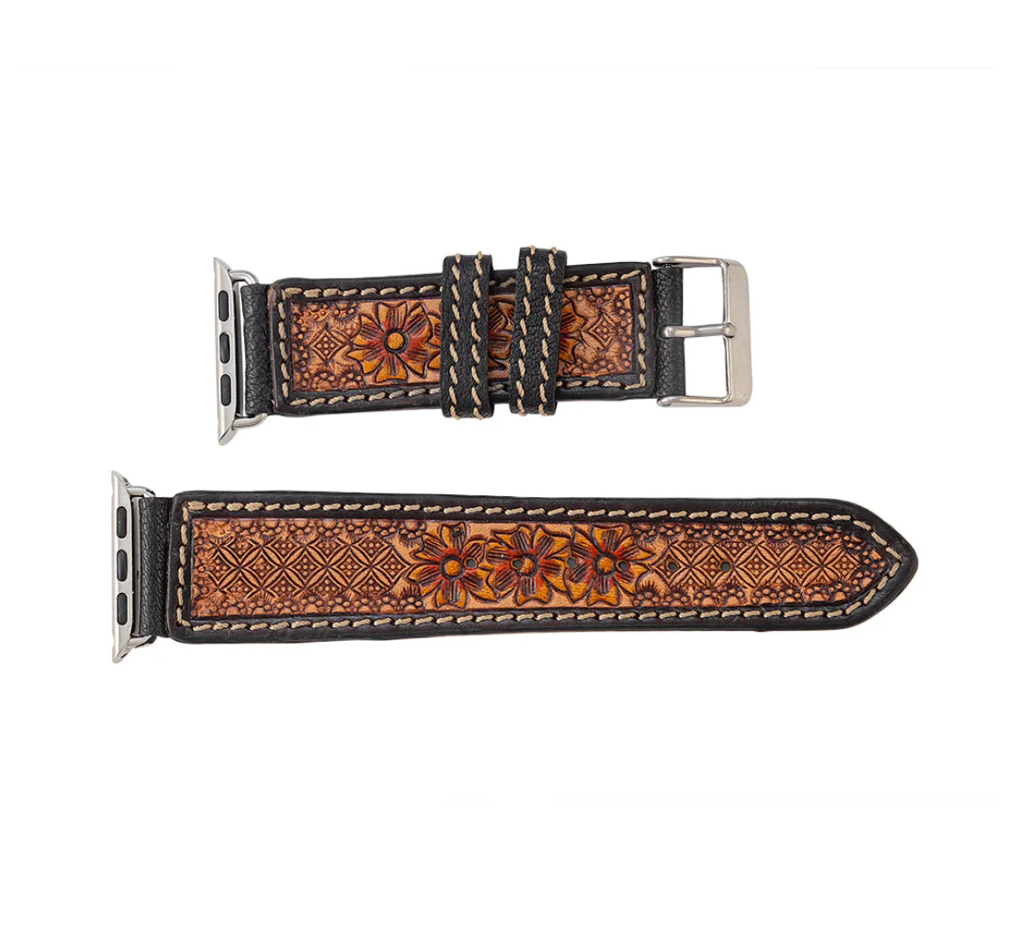 Apple Watchband - Black and Brown Floral Tooled Genuine Leather Watchband