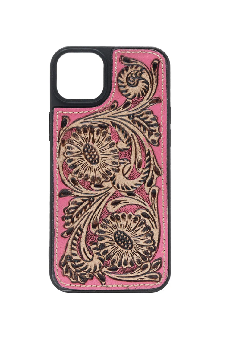 Phone Case for iPhone - Pink & Brown Hand Tooled Leather