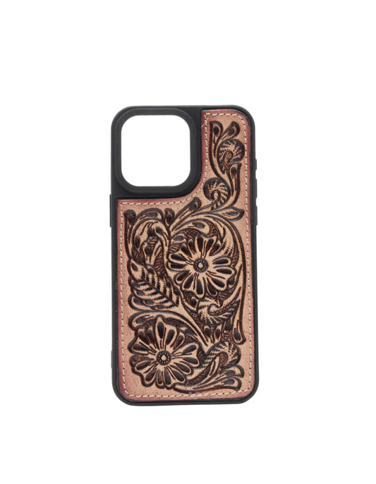 Phone Case for iPhone - Beige Hand Tooled Genuine Leather