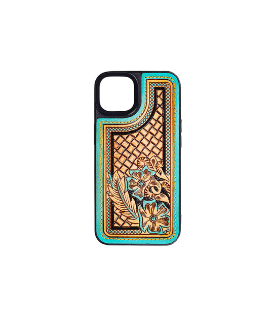 Phone Case for iPhone - Teal & Brown Hand Tooled Genuine Leather