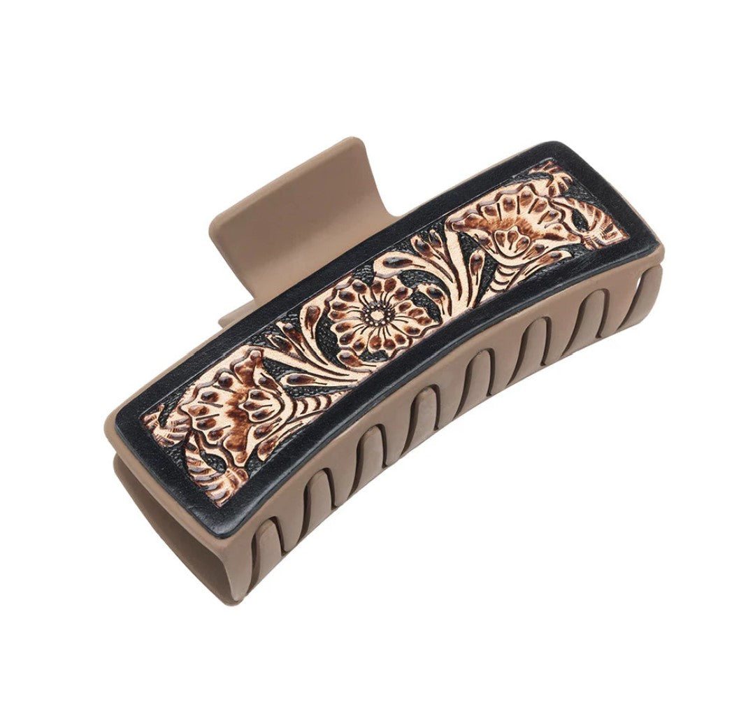 Jumbo Hair Claw Clip Genuine Tooled Leather