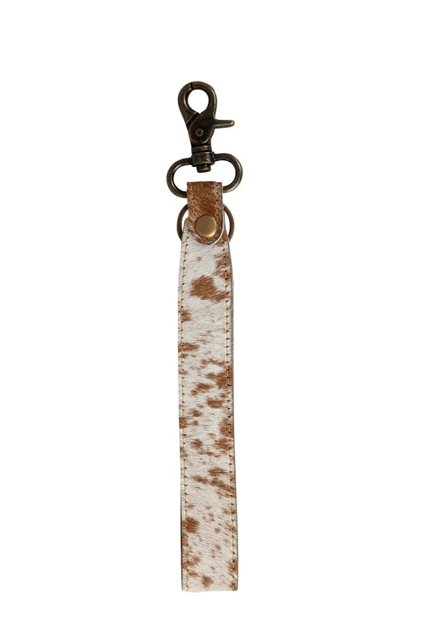 Key Fob Wristlet Genuine Cowhide Brown and White