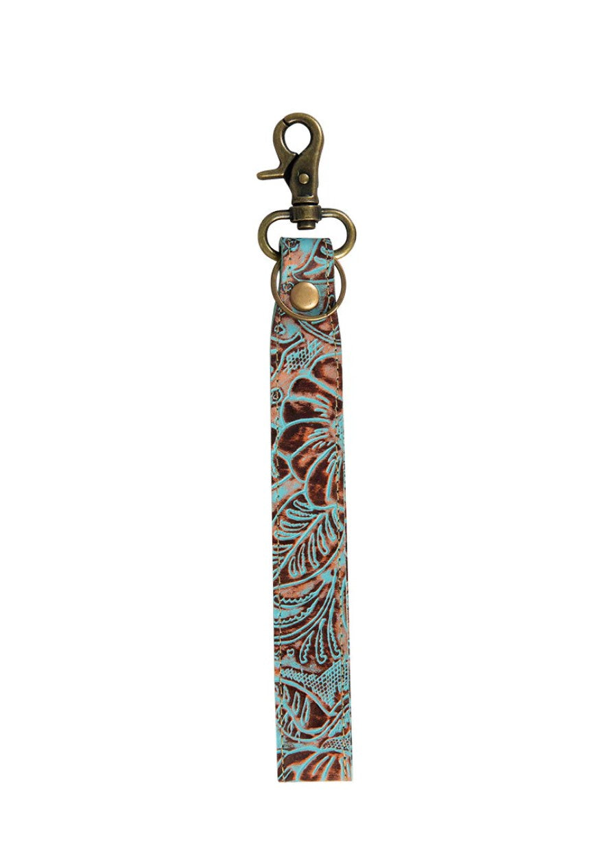 Key Fob Wristlet Genuine Embossed Turquoise Leather