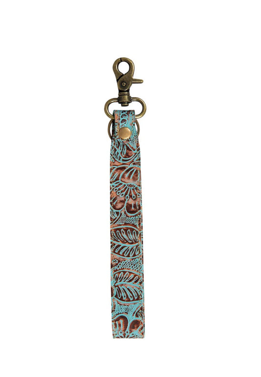 Key Fob Wristlet Genuine Embossed Turquoise Leather