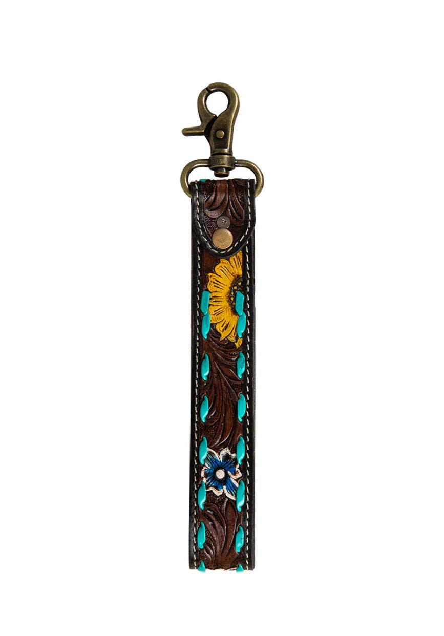 Key Fob Wristlet Sunflower Tooled Leather