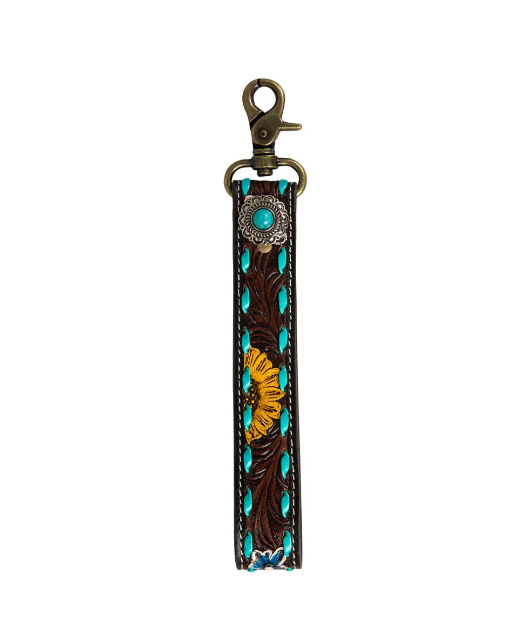Key Fob Wristlet Sunflower Tooled Leather