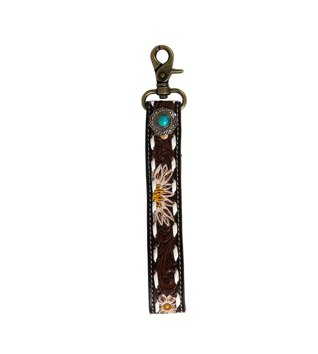 Key Fob Wristlet Daisy Tooled Leather