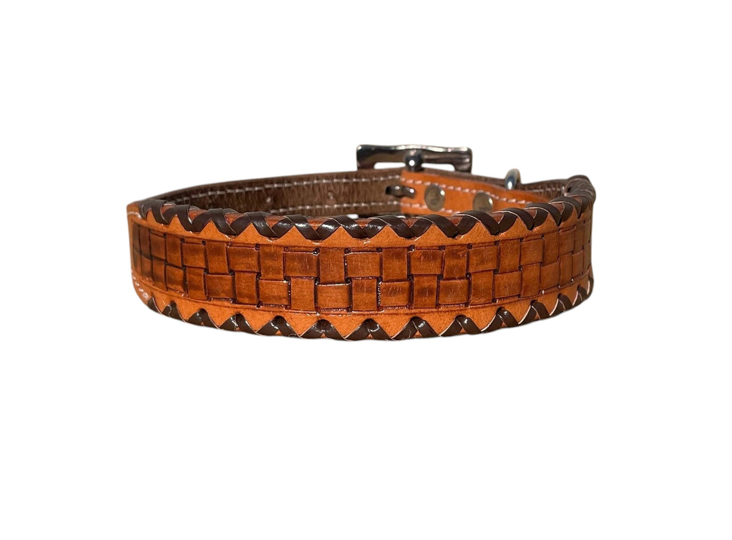 Genuine Leather Dog Collar with Basket Weave Tooling and Buck Stitch