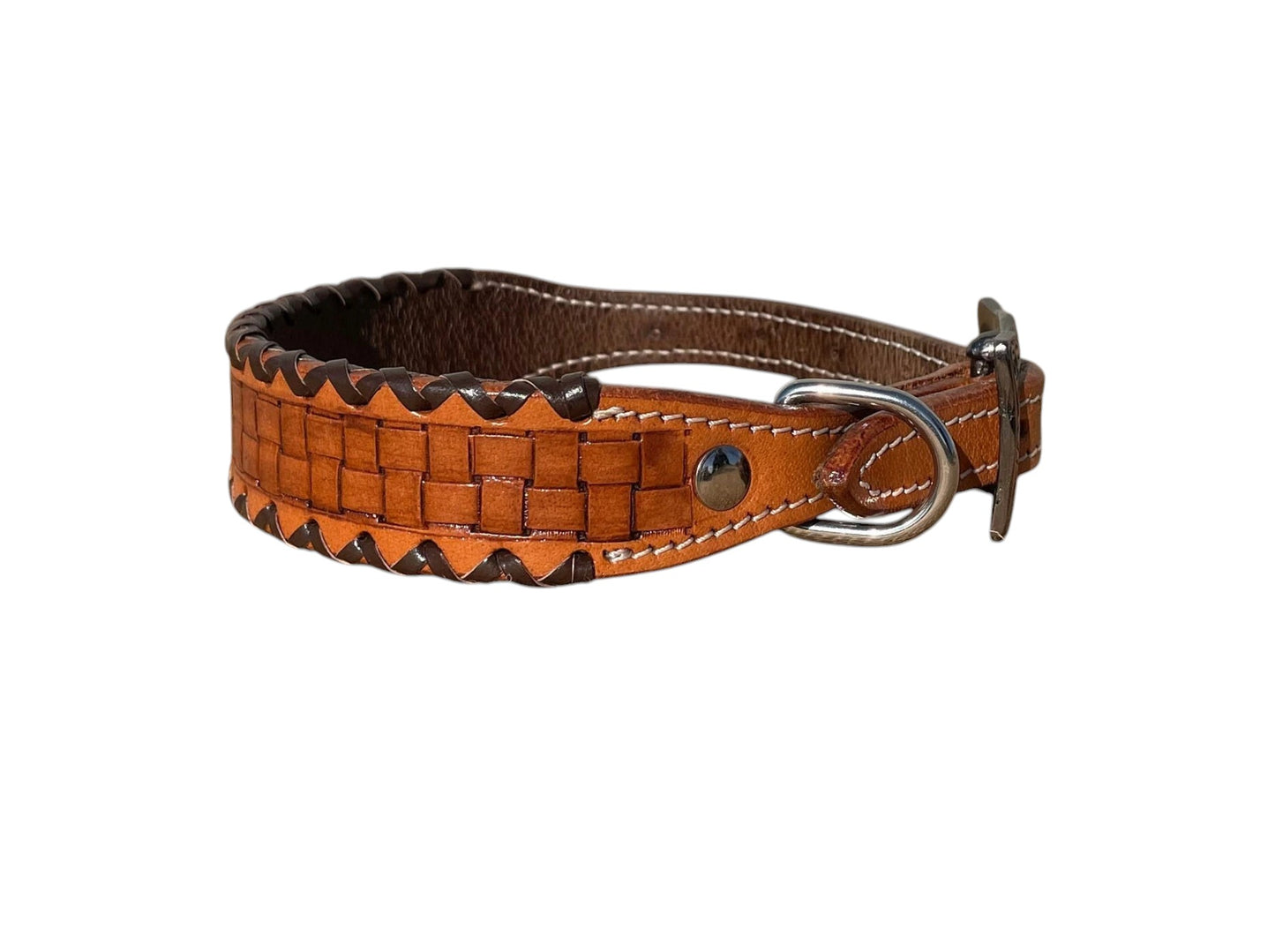 Genuine Leather Dog Collar with Basket Weave Tooling and Buck Stitch