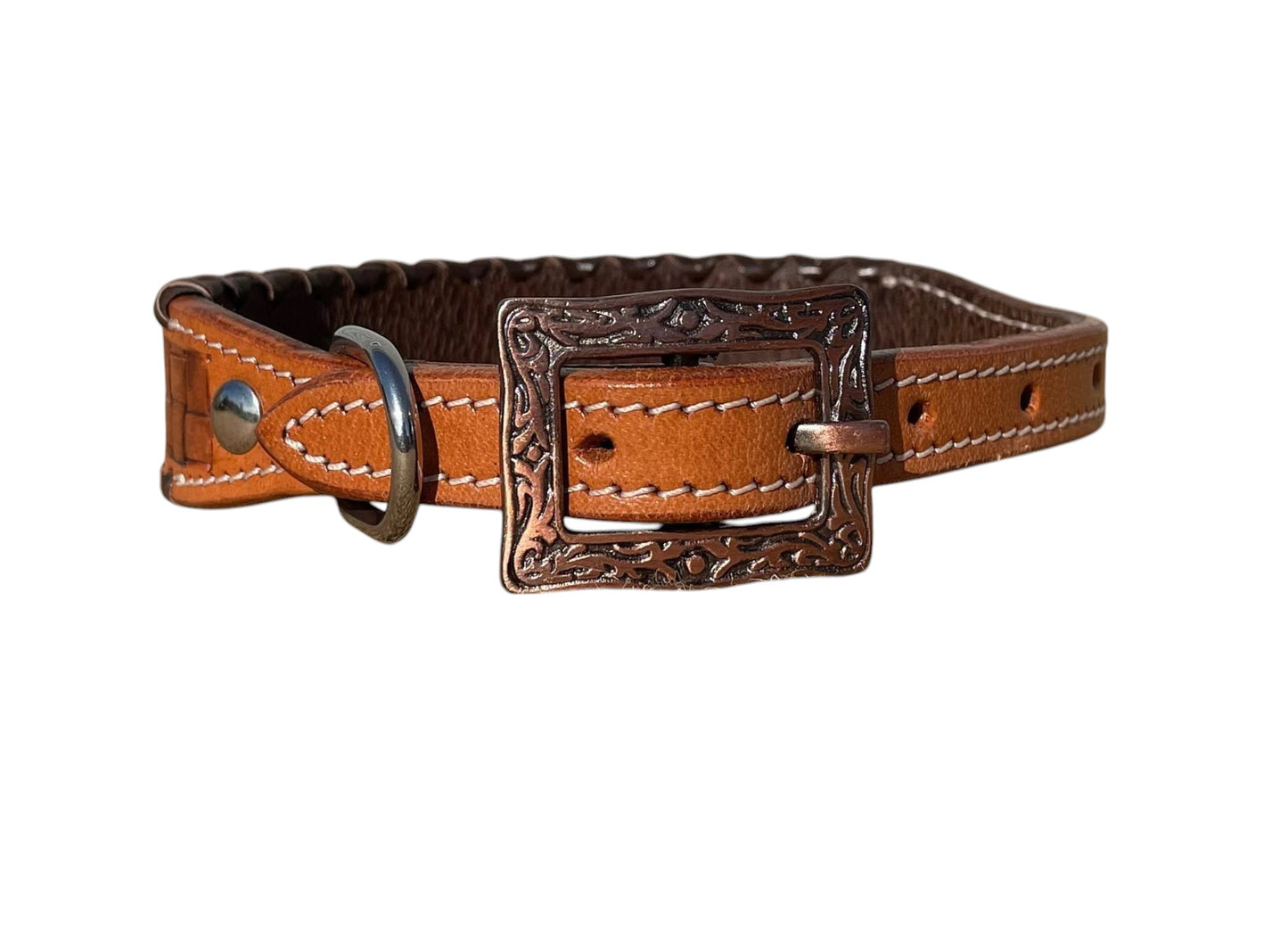 Genuine Leather Dog Collar with Basket Weave Tooling and Buck Stitch
