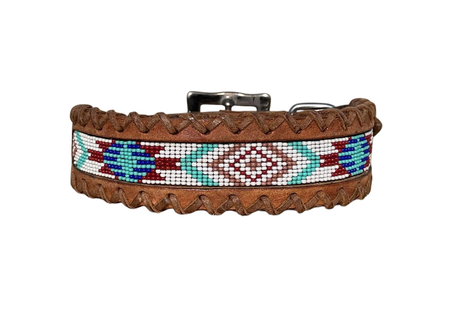 Genuine Leather Dog Collar with Beaded Inlay and Buck Stitch