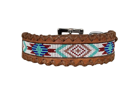 Genuine Leather Dog Collar with Beaded Inlay and Buck Stitch