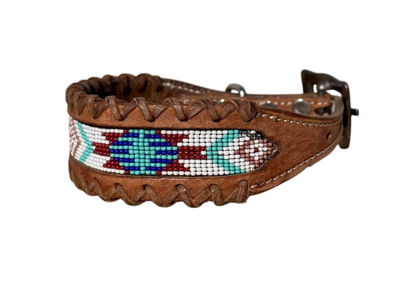 Genuine Leather Dog Collar with Beaded Inlay and Buck Stitch