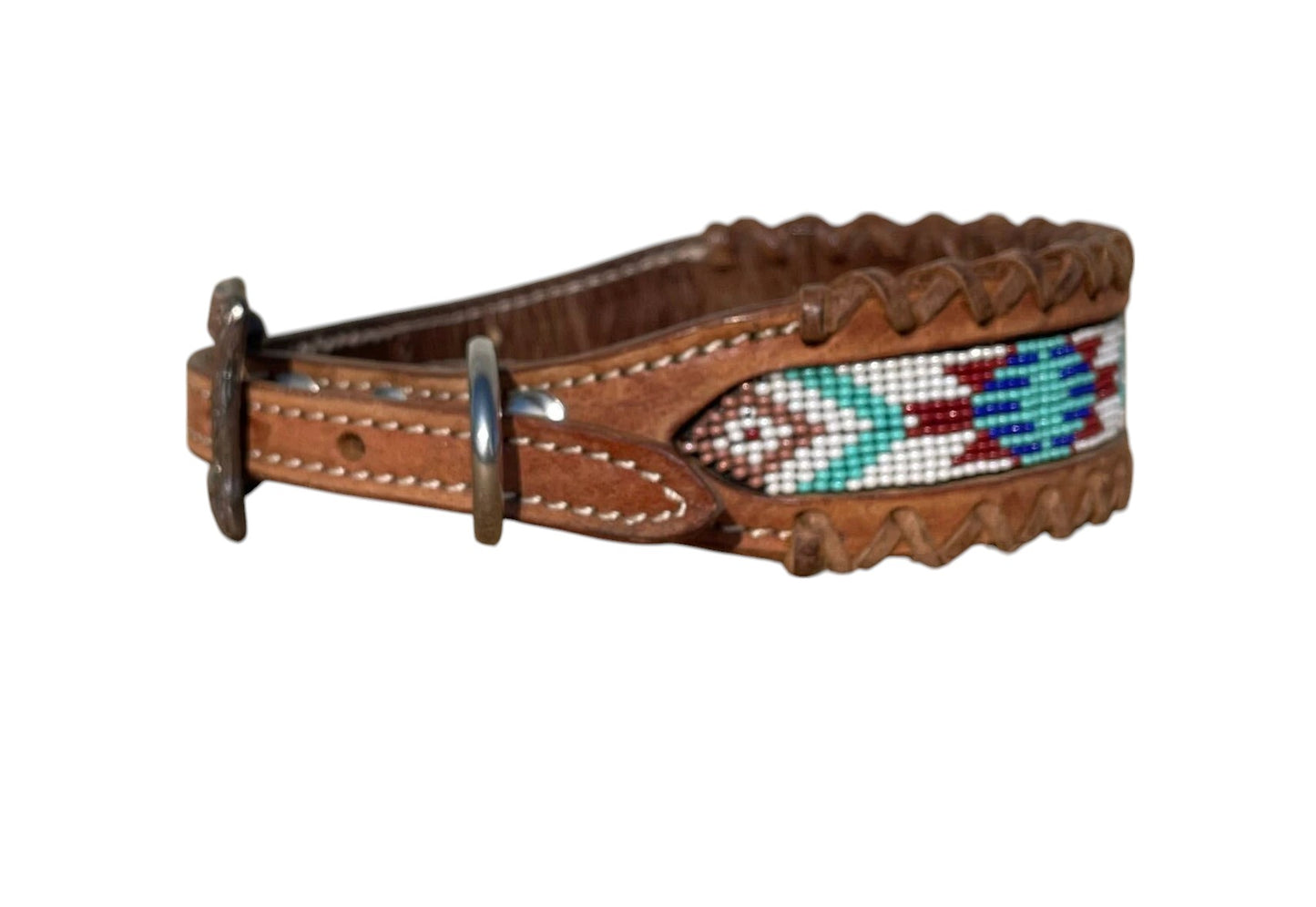 Genuine Leather Dog Collar with Beaded Inlay and Buck Stitch
