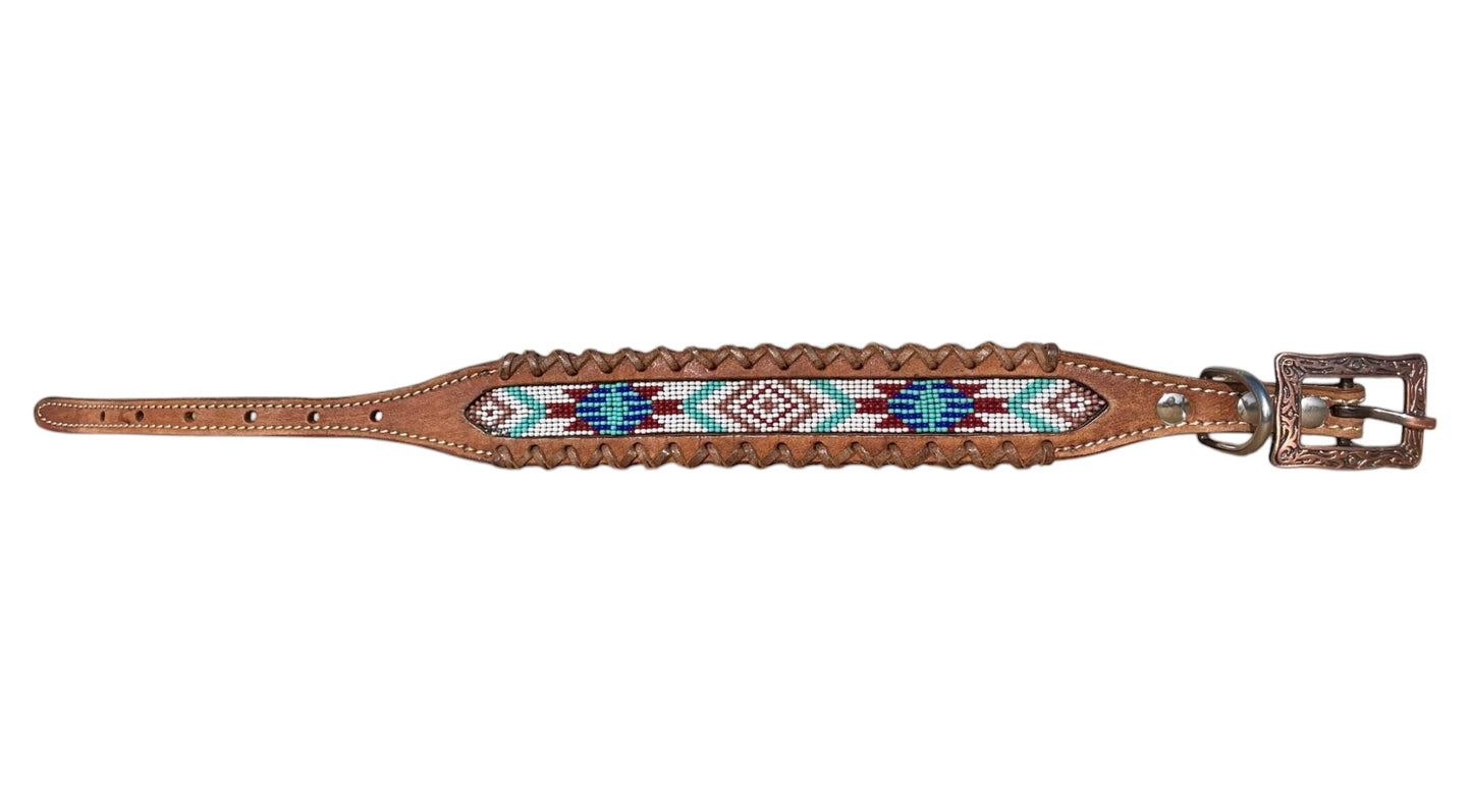 Genuine Leather Dog Collar with Beaded Inlay and Buck Stitch