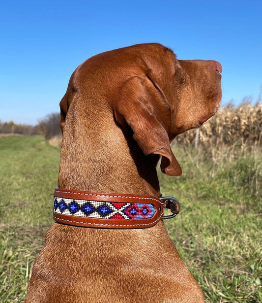 Genuine Leather Dog Collar with Beaded Inlay