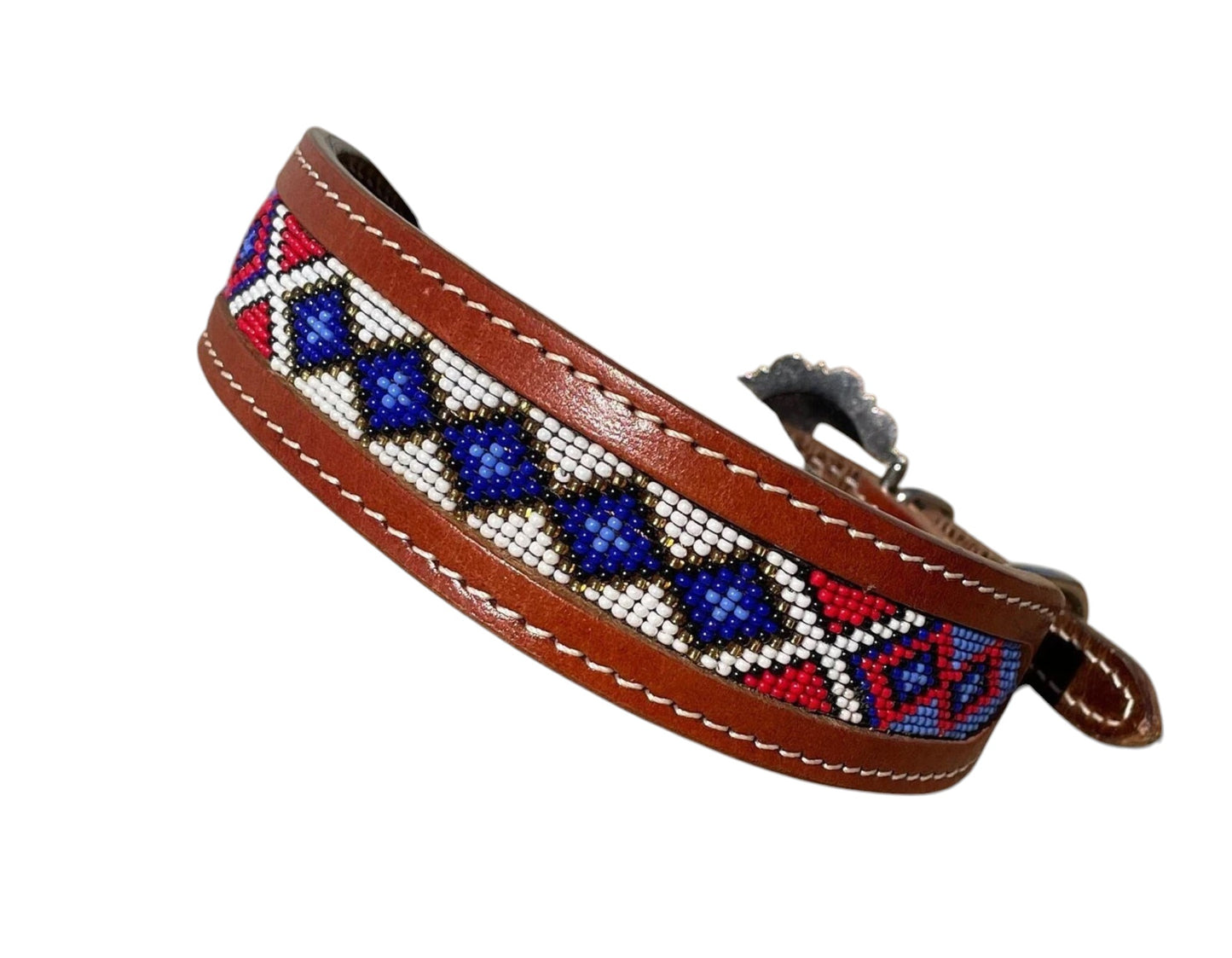 Genuine Leather Dog Collar with Beaded Inlay