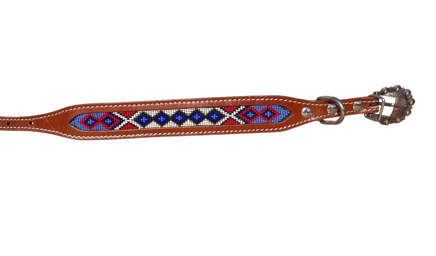 Genuine Leather Dog Collar with Beaded Inlay
