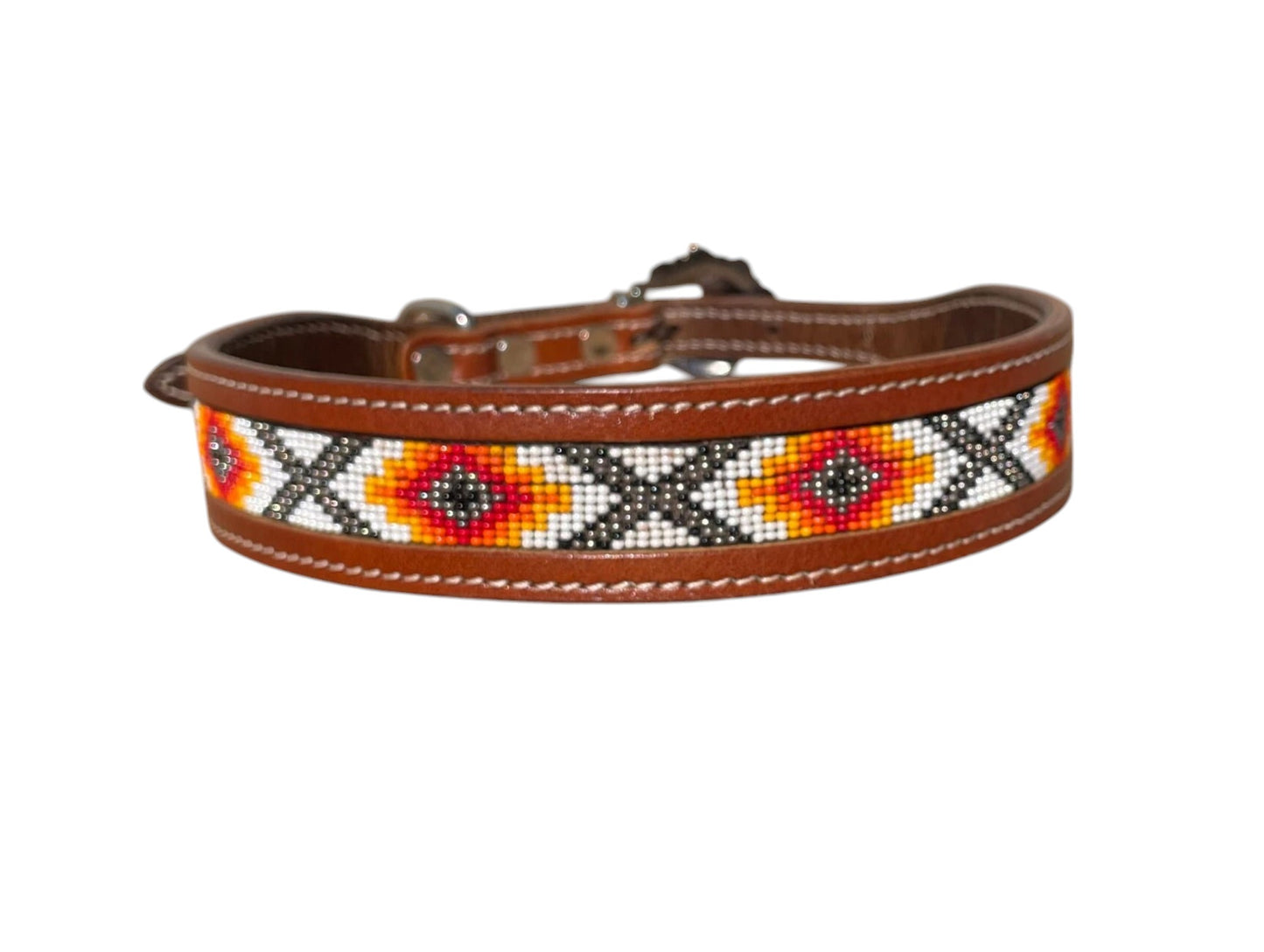 Genuine Leather Dog Collar with Beaded Inlay