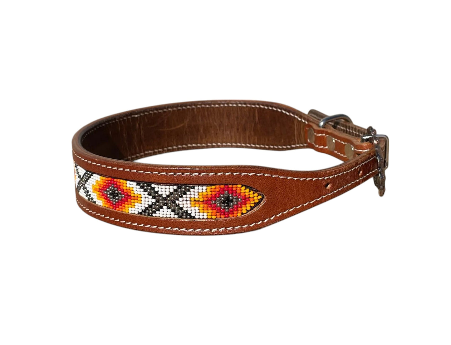 Genuine Leather Dog Collar with Beaded Inlay