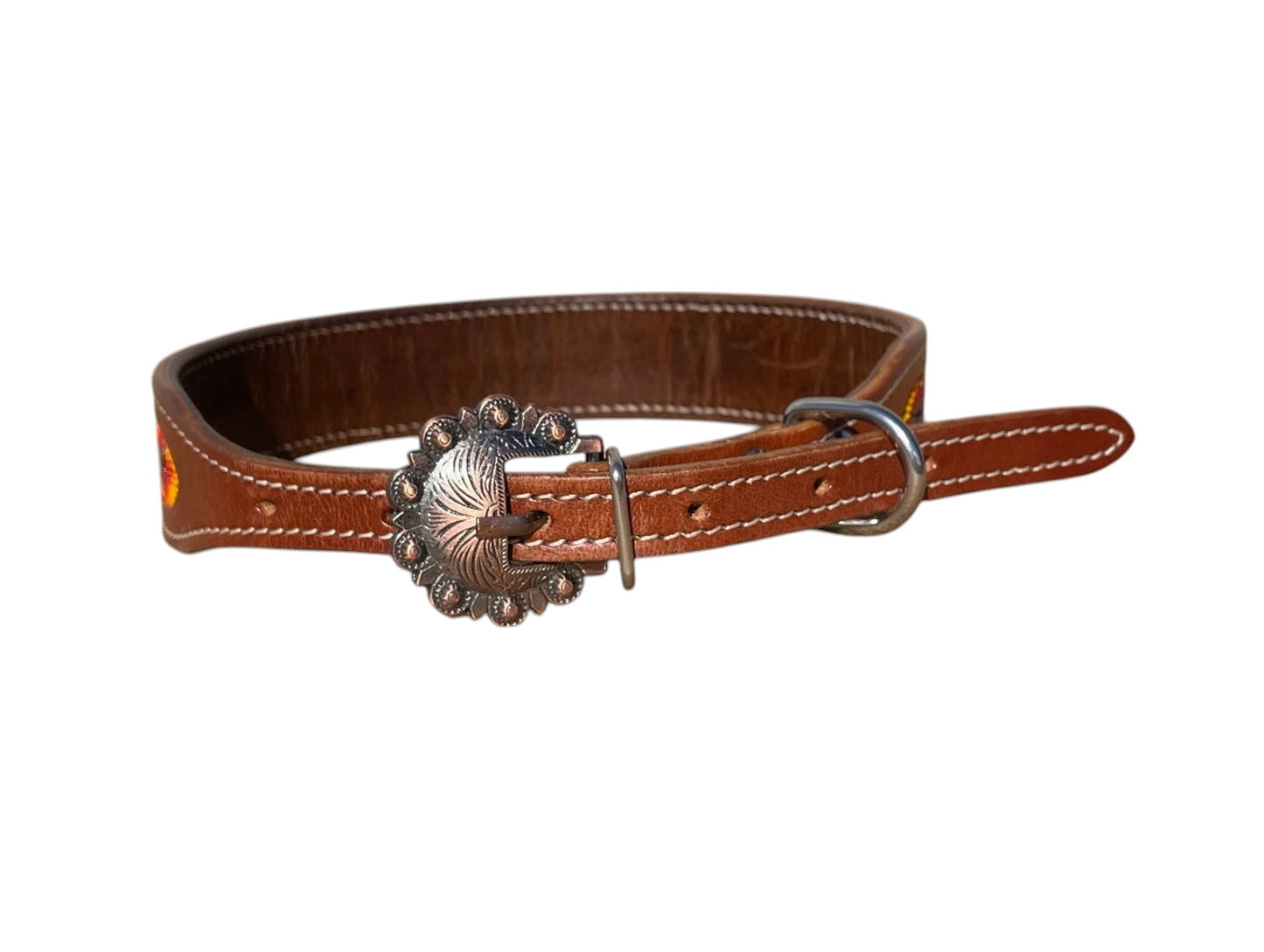 Genuine Leather Dog Collar with Beaded Inlay