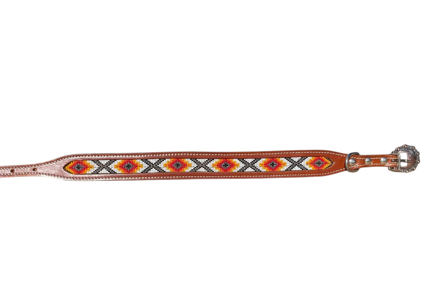 Genuine Leather Dog Collar with Beaded Inlay