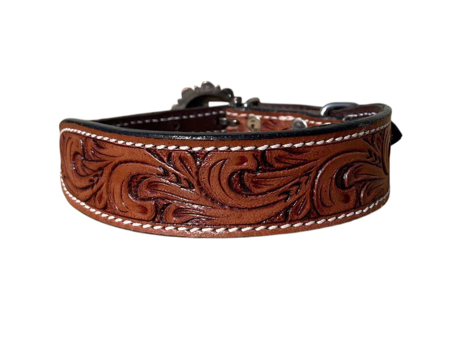Genuine Leather Dog Collar with Floral Tooling