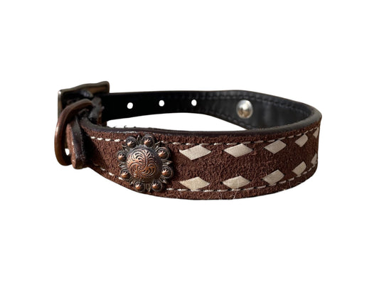 Roughout Leather Dog Collar with Rawhide Stitching and Concho Accents