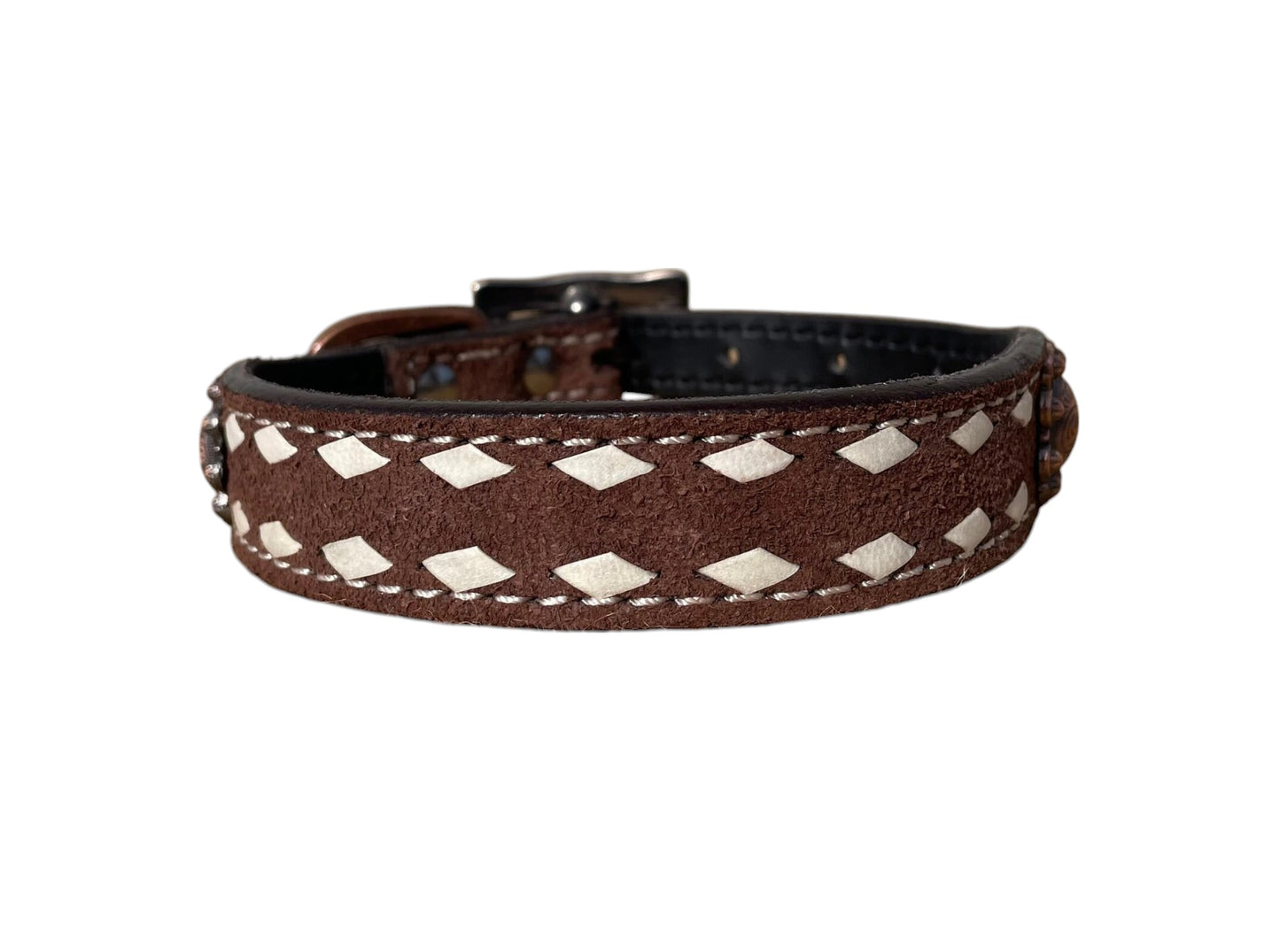 Roughout Leather Dog Collar with Rawhide Stitching and Concho Accents