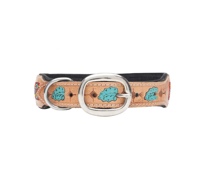 Genuine Leather Dog Collar with Beaded Inlay