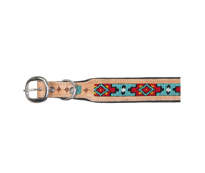 Genuine Leather Dog Collar with Beaded Inlay