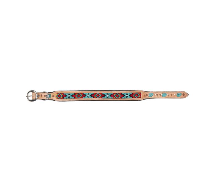 Genuine Leather Dog Collar with Beaded Inlay
