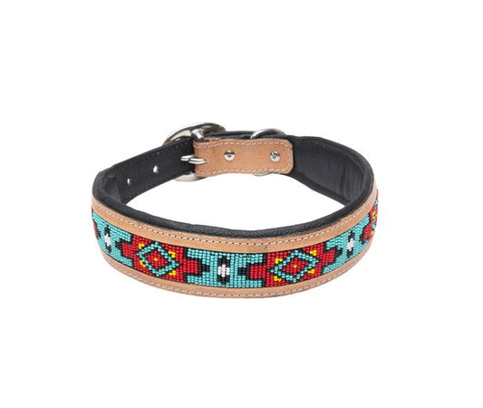 Genuine Leather Dog Collar with Beaded Inlay