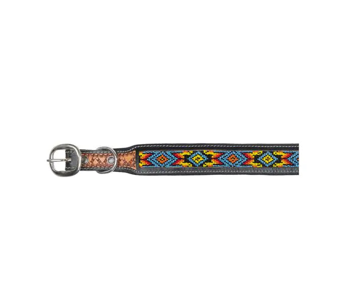 Genuine Leather Dog Collar with Beaded Inlay