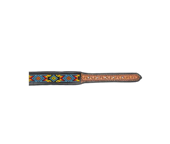 Genuine Leather Dog Collar with Beaded Inlay